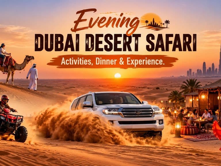 Evening Dubai desert safari with dune bashing, camel rides, quad biking and a desert camp dinner at sunset