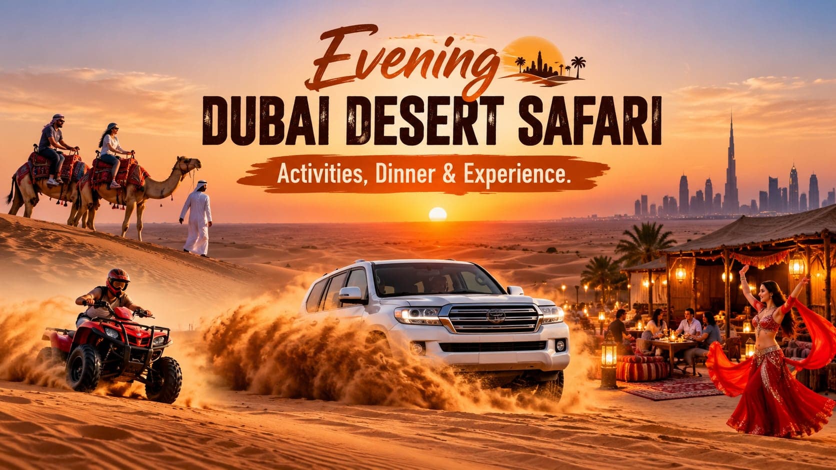 Evening Dubai desert safari with dune bashing, camel rides, quad biking and a desert camp dinner at sunset