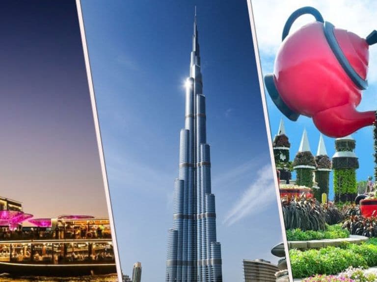 Burj Khalifa, Dhow Cruise Marina and Miracle Garden